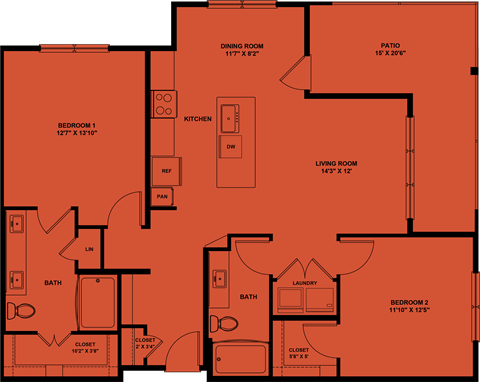 Floor plan for 2 beds, 2 baths, 1176 sqft